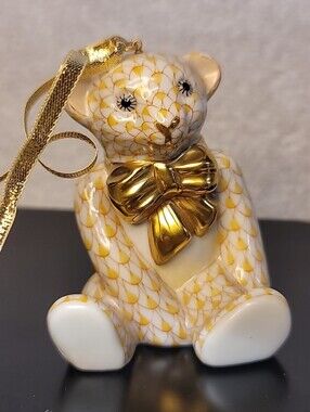 Herend Hungary Fishnet Teddy Bear Hand Painted Gold RARE First Edition